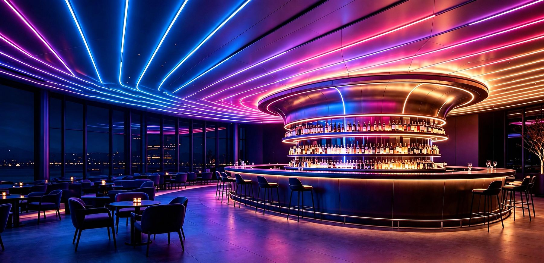Luxury bar interior illuminated with dynamic RGB LED lighting