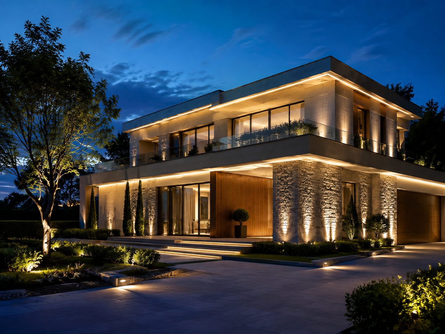 Residential project illuminated with warm architectural LED lighting